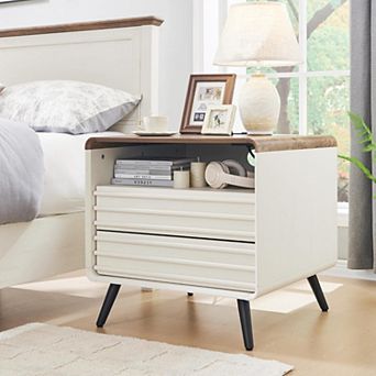 Mid Century Modern 24" Nightstand w/ Charging Station, Wood Bedside Table w/ Drawer and Open Shelf