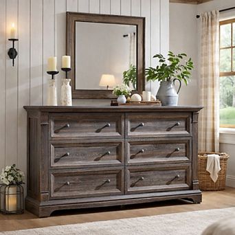 Farmhouse 6 Drawer Dresser for Bedroom, Rustic Wood Storage Chest of Drawers with Roman Column