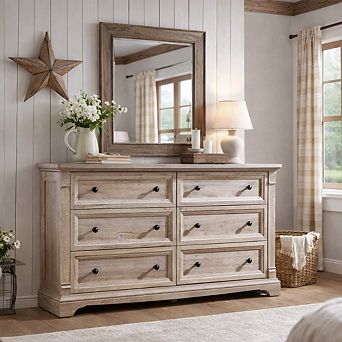 Farmhouse 6 Drawer Dresser for Bedroom, Rustic Wood Storage Chest of Drawers with Roman Column