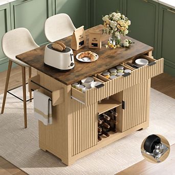 Rolling Kitchen Island with Drop Leaf and Wine Rack, Buffet Cabinet on Wheels for Kitchen