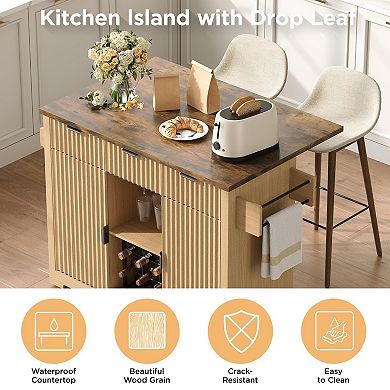 Rolling Kitchen Island with Drop Leaf and Wine Rack, Buffet Cabinet on Wheels for Kitchen