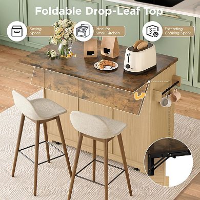 Rolling Kitchen Island with Drop Leaf and Wine Rack, Buffet Cabinet on Wheels for Kitchen