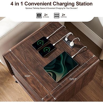 2PCS Mid Century Modern Nightstand w/ Charging Station, Wood Bedside Table w/ Drawer and Open Shelf