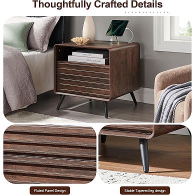 2PCS Mid Century Modern Nightstand w/ Charging Station, Wood Bedside Table w/ Drawer and Open Shelf