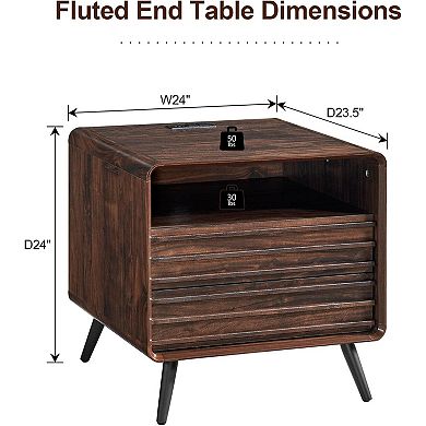 2PCS Mid Century Modern Nightstand w/ Charging Station, Wood Bedside Table w/ Drawer and Open Shelf