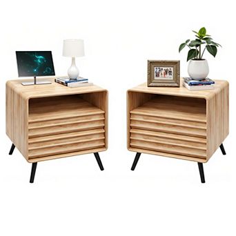 2 pc Mid Century Modern Nightstand w/ Charging Station, Wood Bedside Table w/ Drawer and Open Shelf