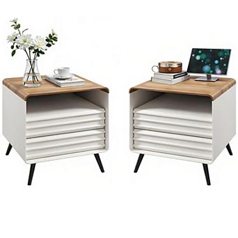 2 pc Mid Century Modern Nightstand w/ Charging Station, Wood Bedside Table w/ Drawer and Open Shelf