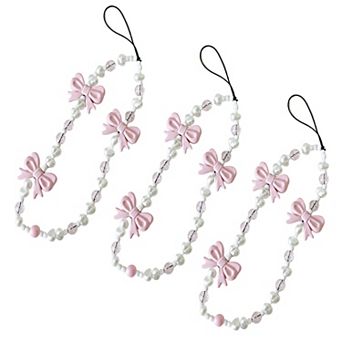 3 pc Beaded Bow Phone Charm Strap with Pearl-Style Beads and Decorative Accents