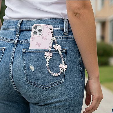 3-PC Beaded Bow Phone Charm Strap with Pearl-Style Beads and Decorative Accents