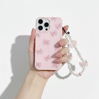 3-PC Beaded Bow Phone Charm Strap with Pearl-Style Beads and Decorative Accents