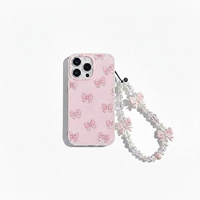 3-PC Beaded Bow Phone Charm Strap with Pearl-Style Beads and Decorative Accents