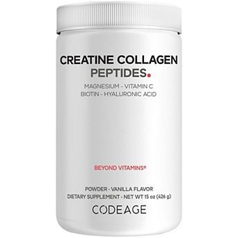 Codeage Creatine Collagen Peptides, Biotin, Magnesium, Hyaluronic Acid, Vit C, Vanilla Flavor, 15 oz