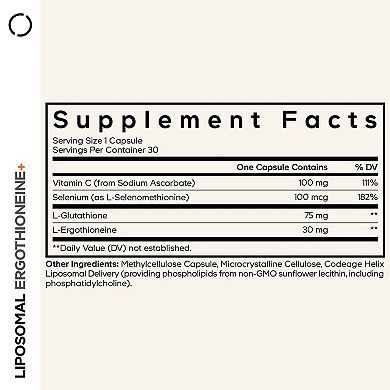 Codeage Liposomal Ergothioneine+, L-Glutathione, Vitamin C, Selenium, Antioxidant Support, 30 ct