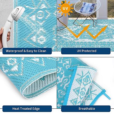 Reversible Waterproof Outdoor Rug - Large Plastic Straw Mat, Vintage Woven Area Carpet