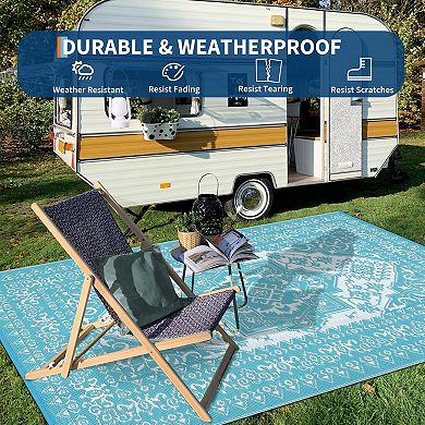 Reversible Waterproof Outdoor Rug - Large Plastic Straw Mat, Vintage Woven Area Carpet