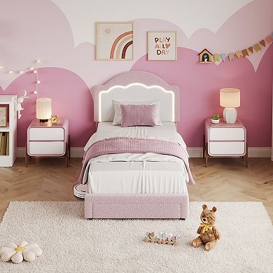 Platform Bed Frame - Sherpa Fabric LED Headboard Slat Support No Box Spring Needed, With Drawer