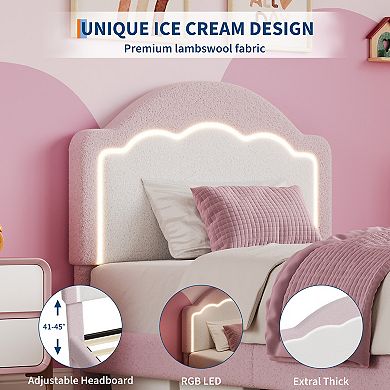 Platform Bed Frame - Sherpa Fabric LED Headboard Slat Support No Box Spring Needed, With Drawer