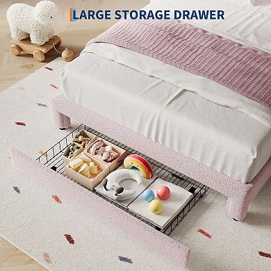 Platform Bed Frame - Sherpa Fabric LED Headboard Slat Support No Box Spring Needed, With Drawer