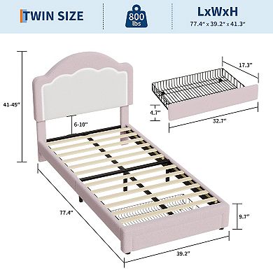 Platform Bed Frame - Sherpa Fabric LED Headboard Slat Support No Box Spring Needed, With Drawer