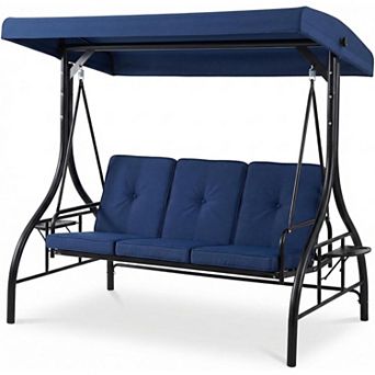3-Person Swing Chair with Adjustable Canopy,Convertible Swing Bed & Stand,Plush Cushions&Cup Holders