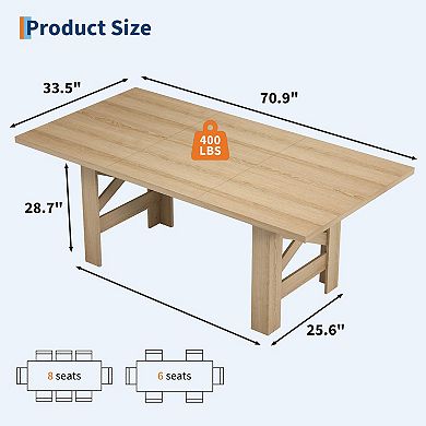 70.87" Wood Farmhouse Dining Table for 6-8 People, Large Kitchen Table with Thickened Tabletop