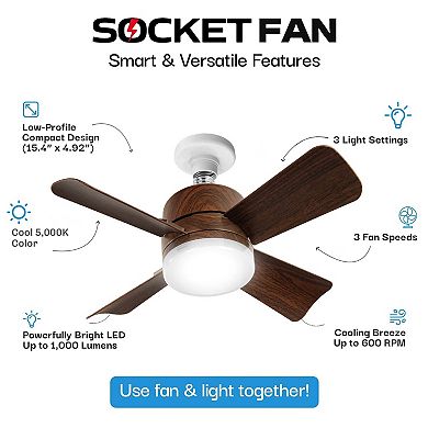 Bell+Howell Socket Fan 15.7 in. LED Bright White Light Ceiling Fan