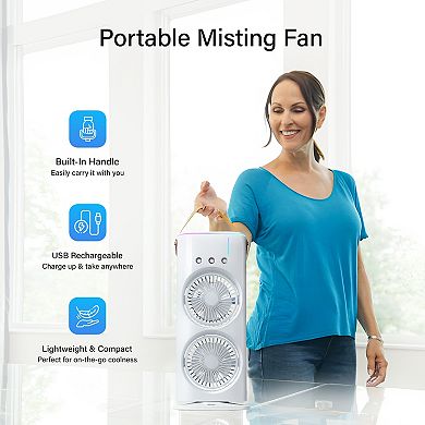 Bell+Howell Portable Rechargeable Dual Mist Fan with LED Lights & Remote Control