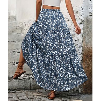 Women's Floral Print Belted Tiered Maxi Skirt