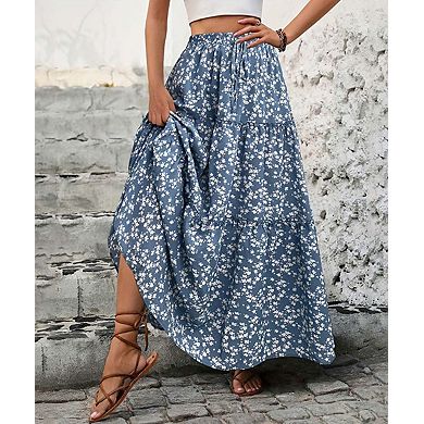 Women's Floral Print Belted Tiered Maxi Skirt