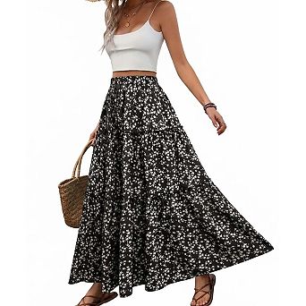 Women's Floral Print Belted Tiered Maxi Skirt