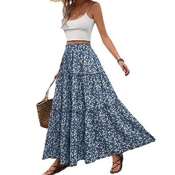 Women's Floral Print Belted Tiered Maxi Skirt