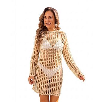 Women's Hollow Knit Beach Cover-Up Dress Back Detail Mid-Length Swim Cover-Up