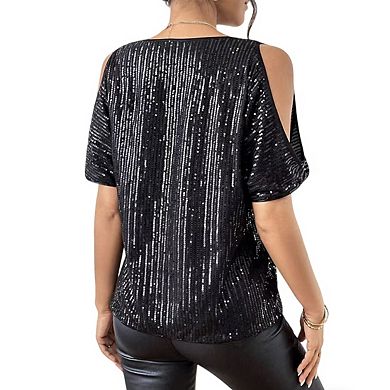 Women's Short Sleeve Sequin Blouse Cold Shoulder Cutouts Round Neckline Loose Fit Tops
