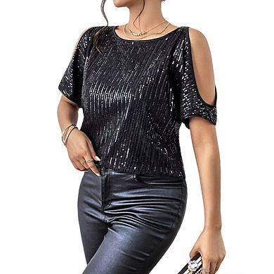 Women's Short Sleeve Sequin Blouse Cold Shoulder Cutouts Round Neckline Loose Fit Tops