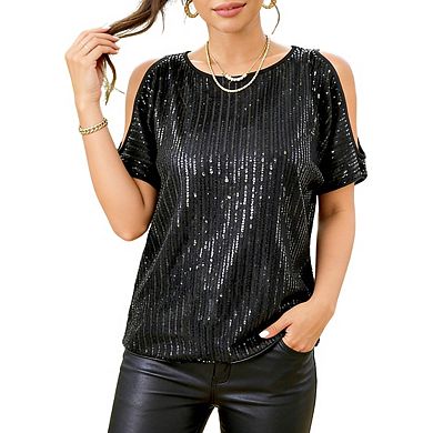 Women's Short Sleeve Sequin Blouse Cold Shoulder Cutouts Round Neckline Loose Fit Tops