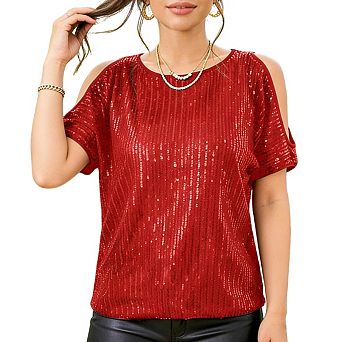 Women's Short Sleeve Sequin Blouse Cold Shoulder Cutouts Round Neckline Loose Fit Tops