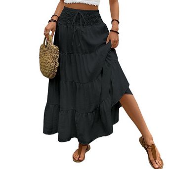 Women's Tiered Maxi Skirt, High Waist Smocked Drawstring Boho Long Skirt
