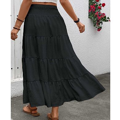 Women's Tiered Maxi Skirt, High Waist Smocked Drawstring Boho Long Skirt