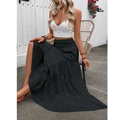 Women's Tiered Maxi Skirt, High Waist Smocked Drawstring Boho Long Skirt