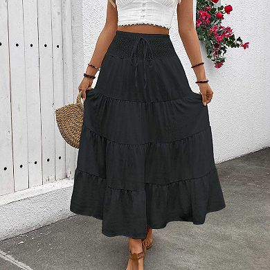 Women's Tiered Maxi Skirt, High Waist Smocked Drawstring Boho Long Skirt