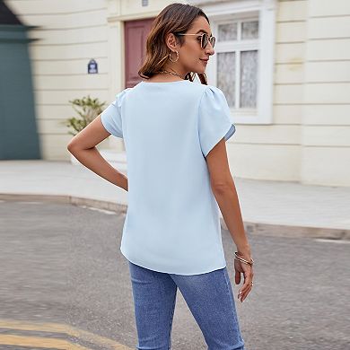Women's Solid Color V-Neck Short Sleeve Loose Chiffon Blouse with Pearl Buttons