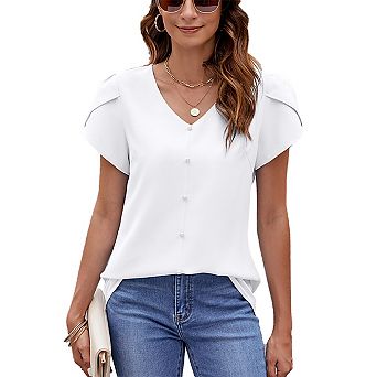 Women's Solid Color V-Neck Short Sleeve Loose Chiffon Blouse with Pearl Buttons