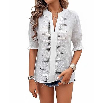 Women's V-Neck Puff Sleeve Half Sleeve Hollow Out Pom-Pom Lace T-Shirt Top