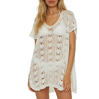 Women's V Neck Short Dolman Sleeves Open Knit Side Slit Crochet Beach Cover Up