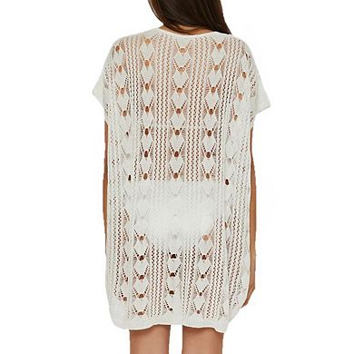 Women's V Neck Short Dolman Sleeves Open Knit Side Slit Crochet Beach Cover Up
