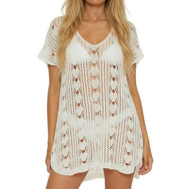 Women's V Neck Short Dolman Sleeves Open Knit Side Slit Crochet Beach Cover Up