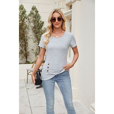 Women's Crew Neck Fashion Button Pleated Short Sleeve Top