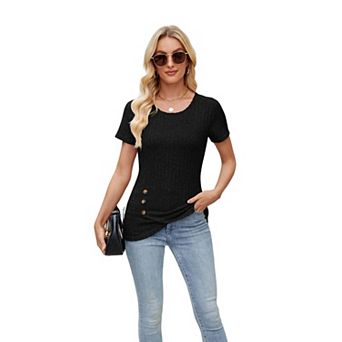 Women's Crew Neck Fashion Button Pleated Short Sleeve Top