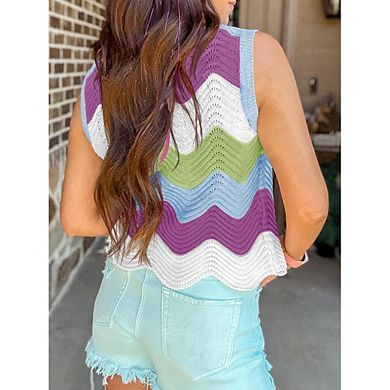 Women's Crew Neck Color Block Dopamine Style Knit Short Sleeve Vest Top