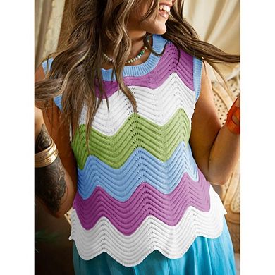 Women's Crew Neck Color Block Dopamine Style Knit Short Sleeve Vest Top